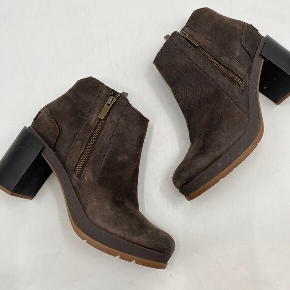 Sorel brown leather chunky heel booties - Picture 2 of 9